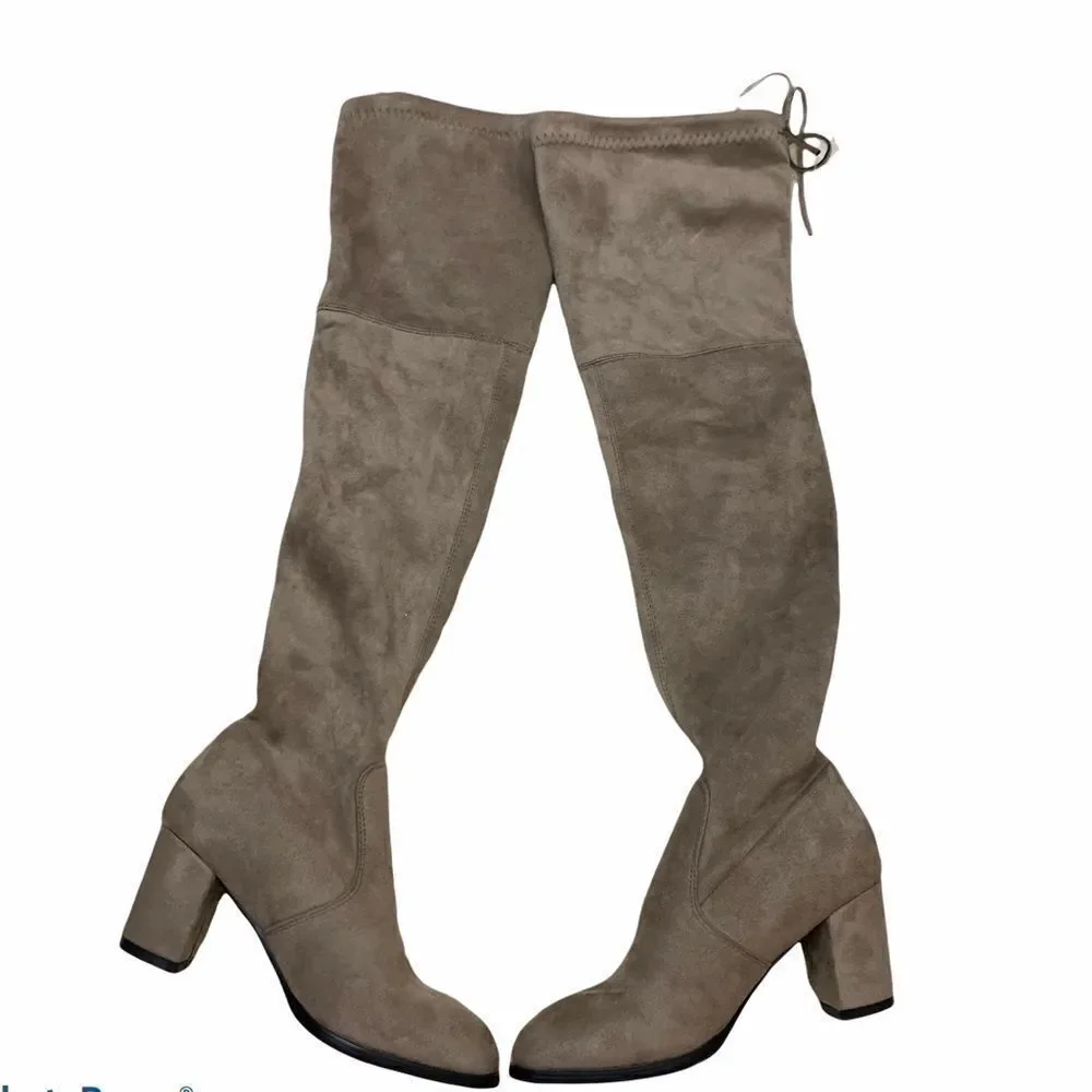 Over the knee stretch vegan suede heeled boots tan